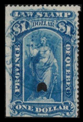 QUEBEC REVENUE TAX 1871 VINTAGE $1 #QL24 BLUE FINE LAW STAMP, RARELY OFFERED