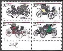 US #3019-3022 MNH Block Old Autos on bottom edge.