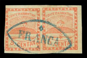 ARGENTINA 1858  Confederation 5c red  Sc#1 used VF-XF PAIR w/ blue  FRANCA cxl