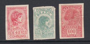 Brazil 1901 CONSUMO fiscals, 3 different, no gum, 600r unlisted, F-VF group