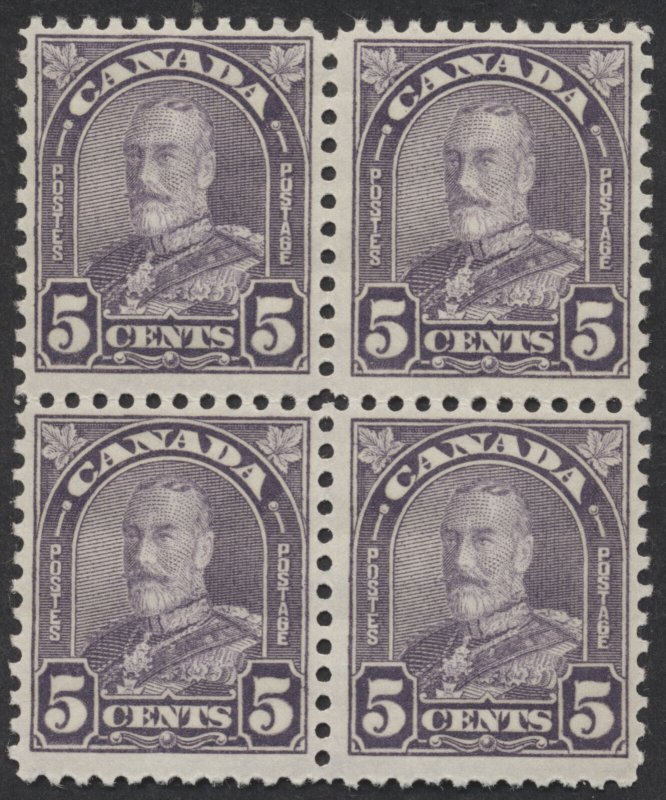 Canada #169 5c George V Arch Dull Violet Block of 4 Fine Mint OG LH