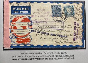 1939 Waterford Ireland Censored Airmail Front Cover To Hotel New York USA