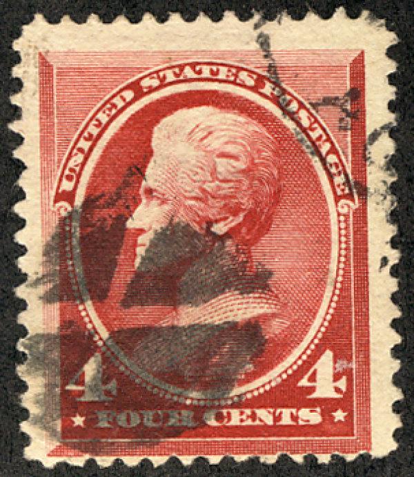 US #215 4c Carmine Jackson, VF used, very fresh bright color,  super nice sta...