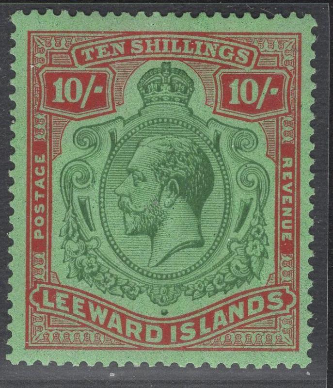 LEEWARD ISLANDS SG79e 1928 10/= GREEN & RED BREAK IN LINES LEFT SCROLL MTD MINT