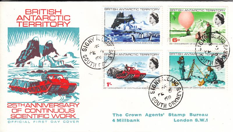 British Antarctic Territory FDC 1969 Scott #20-#23 25 Years Continuous Scient...