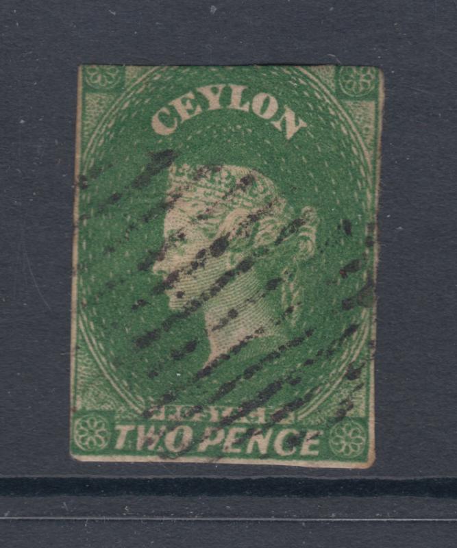 Ceylon Sc 4a used 1857 2p yellow green imperf QV, 2½ margins, small thin