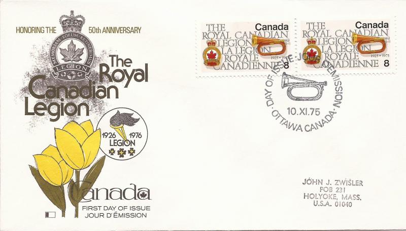 1975 Canada (Kingswood) FDC - Sc 680 - Royal Canadian Legion -Emblem & Bugle- pr