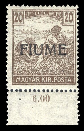 Fiume #Sass. 10/I Cat€750, 1918 20f brown, type IV, with sheet margin at bo...