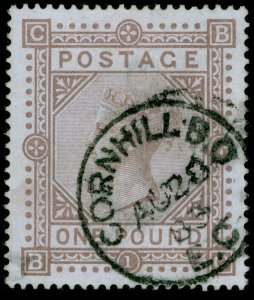 GB QV SG132, SCARCE £1 brown-lilac WMK ANCHOR BLUED PAPER, FU. Cat £7500. CDS BC