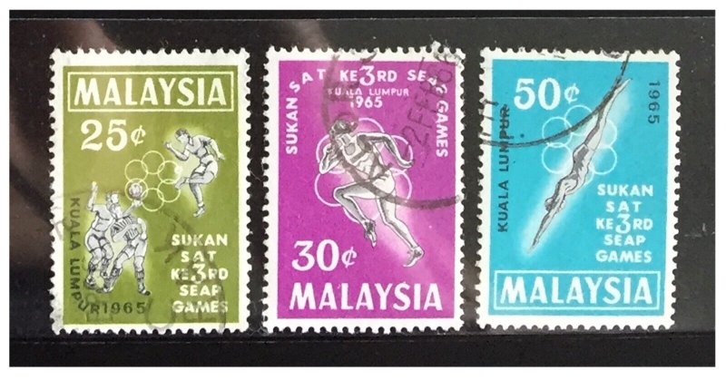 MALAYSIA 1965 3RD SOUTH EAST ASIAN PENINSULAR GAMES set of 3V Used SG#28-30