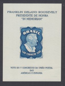 Brazil Sc C76a, Mi Bl 10x MNH. 1949 FDR Memorial S/S, no wmk, fresh, bright, VF.