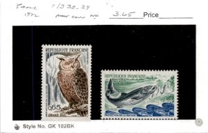 France, Postage Stamp, #1338-1339 Mint NH, 1972 Fish, Owl (AC)