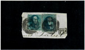 AZ4J Belgium 1850 Scott # 4 20 cent Pair Tied on paper PD Boxed Grid Cancel