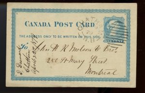 ?CHATHAM, N.B. duplex double split ring 1879, 1c postal stationery card Canada