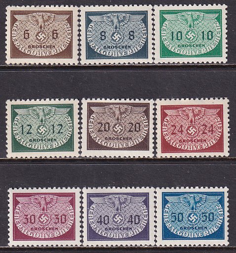 Poland 1940 Sc NO16-24 Eagle Swastika Official WW2 German Occupation Stamp MNH