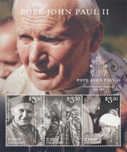 St. Vincent 2015 - Pope John Paul II Sainthood - Sheet of 3 Stamps - MNH