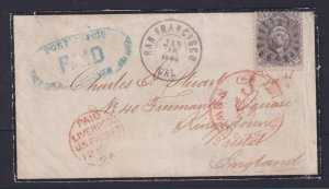 US, Scott 78, San Fran Cogwheel on 1864 Mourning to UK, Vancouver Island, PF cer