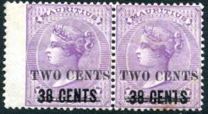 MAURITIUS-1891 2c on 38c on 9d Pale Violet Horizontal Pair Sg 120 MOUNTED MINT 