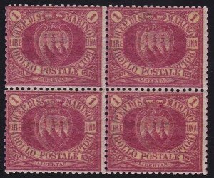 1892 SAN MARINO, n. 20 Red lira BLOCK OF 4 Great Rarity, Cert. RAYBAUDI ORO