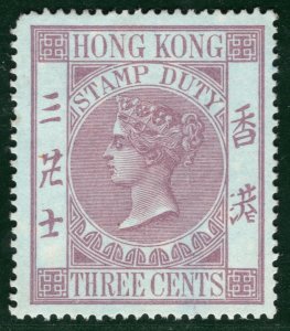 HONG KONG QV Revenue Stamp Duty 3c Lilac/BLUED PAPER Variety MNG {samwells}YOW8