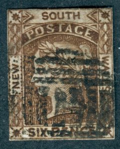 New South Wales 1852. 6d choc brown. Used. 4 narrow margins. SG75.