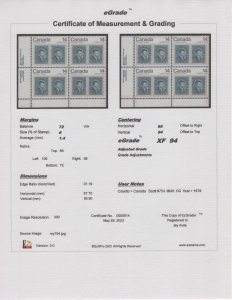 Canada Scott #754 MNH OG Plate Block UL #1 eGraded With Certificate eGrade XF 94