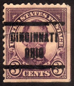 1923, US 3c, Abraham Lincoln, Used, crease, Cincinnati precancel, Sc 555