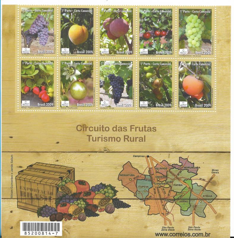 BRAZIL 2009, FRUITS  EXPORTS MAPS TOURISM MINIATURE SHEET OF 10 SCOTT 3089 MS