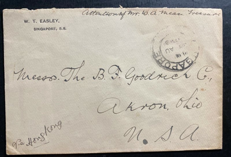 1910s Singapore Cover To Akron OH USA Via Hong Kong Back Stamped 