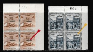 Colombia # C330, 334, 338, 340 Blocks of 4 with one Variety Each Mint NH