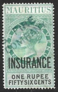 Mauritius 1879 Insurance Revenue 1R56 Green & Black #33 Fine Used CV £3.50-