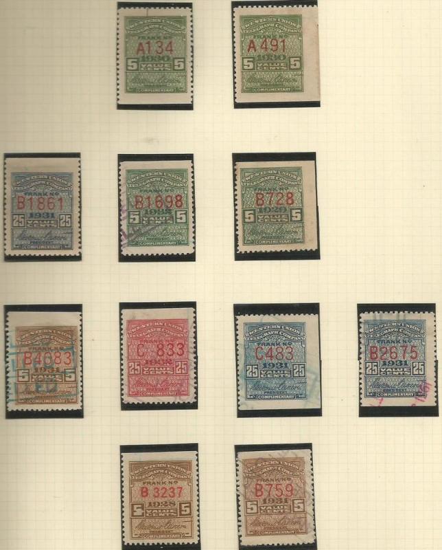 U.S. Revenue Western Telegraph Stamps - Used Set of 11