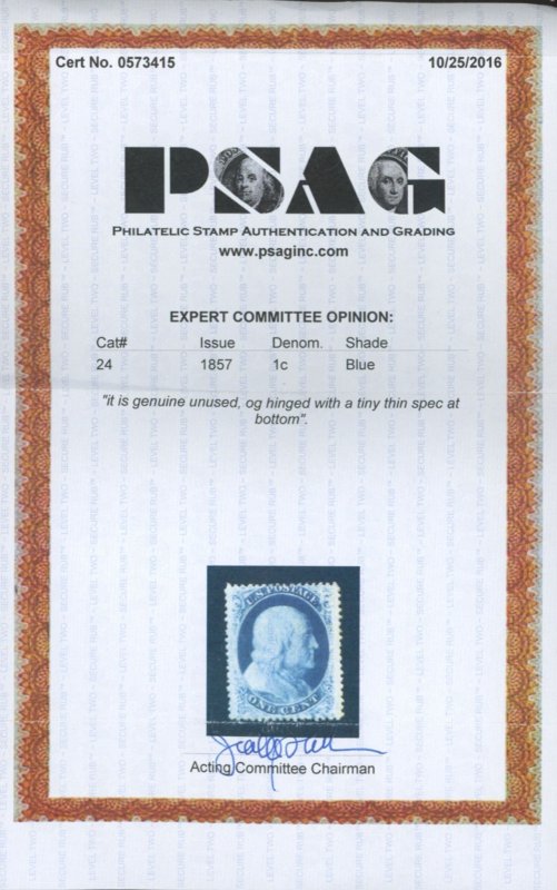 U.S. #24 MINT WITH PSAG CERT OG