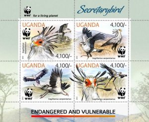 UGANDA - 2012 - Secretary Birds - Perf 4v Sheet - Mint Never Hinged