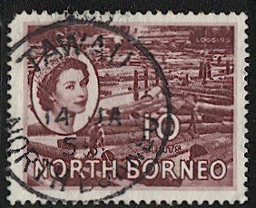 NORTH BORNEO 1954 Sc 267 10c QE - TAWAU postmark/cancel