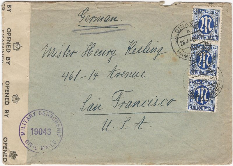 Germany A.M.G. 1946 Censored Cover from DINKER (Hamm, Westphalia) to California