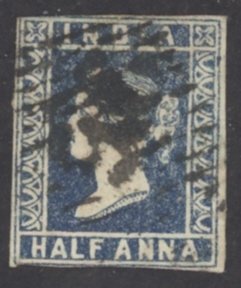 India Sc# 2 Used (c) die I 1854-1855 ½a blue Queen Victoria 