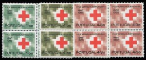 Portugal #955-957 Cat$51+, 1965 Red Cross, set of three in blocks of four, ne...