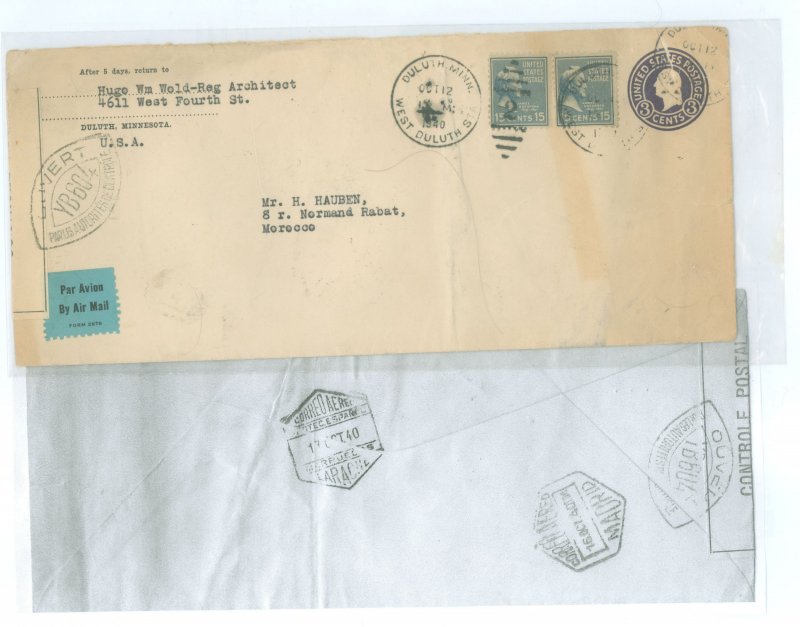 US 820 1940 Two 15c Buchanan's (presidential/prexy series) were added to a 3c prepaid envelope to pay the 33c per half o...