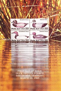 USPS 1st Day Ceremony Program #2138-41 Duck Decoys Folk Art Hunting 1985