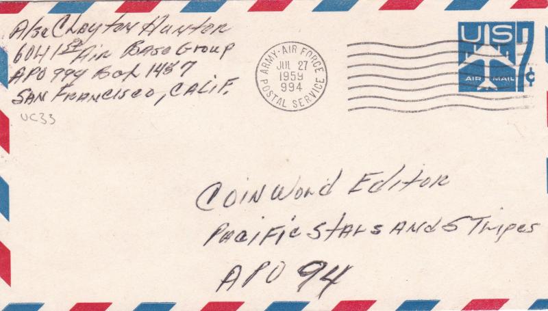 United States 1955 Army Air Force Post Irumigawa Japan to San Francisco cover D