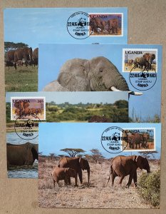 Uganda 1983 WWF African Elephants maximum cards. Scott 371-374, CV $14.85