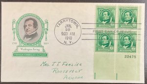 859 Ioor cachet Washington Irving Famous American Authors FDC 1940 w/Plate Block