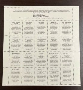 2870 Legends of the West Error sheet 29 c MNH Sheet of 20  FV $5.80  1994 