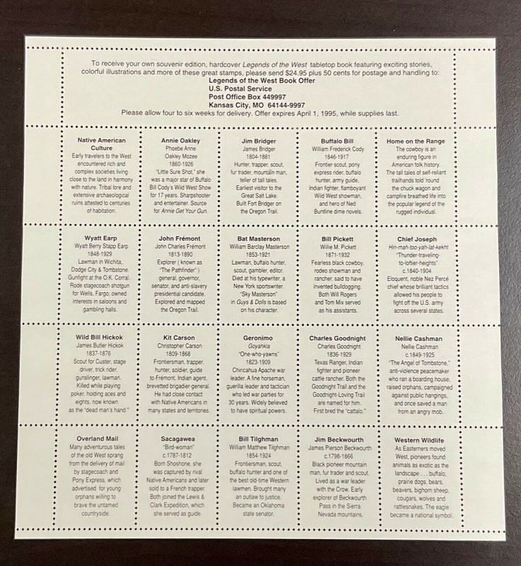 2870 Legends of the West Error sheet 29 c MNH Sheet of 20  FV $5.80  1994 