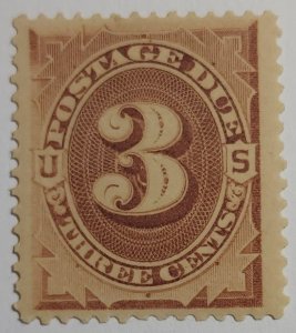 Scott Stamp# J3 - 1879 3¢ Postage Due, Brown,  MPH,  OG.  SCV $100.00
