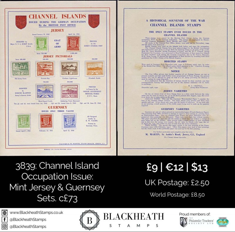 3839: Channel Island Occupation Issue: Mint Jersey & Guernsey Sets. c£73