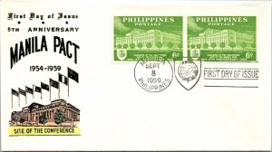 Philippines FDC 1959 - 5th Anniv Manila pact - 2x6c Stamp - Pair - F43390