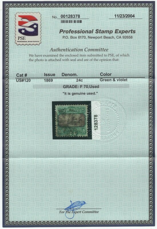 #120 Used, F-VF, With PSE Cert., SMQ $350. (GP2 11/14/19)