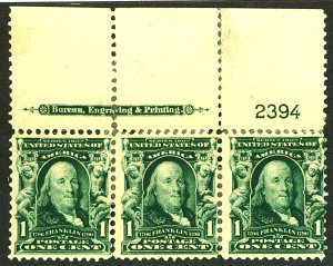 U.S. #300 MINT PL# STRIP OF 3 OG HR